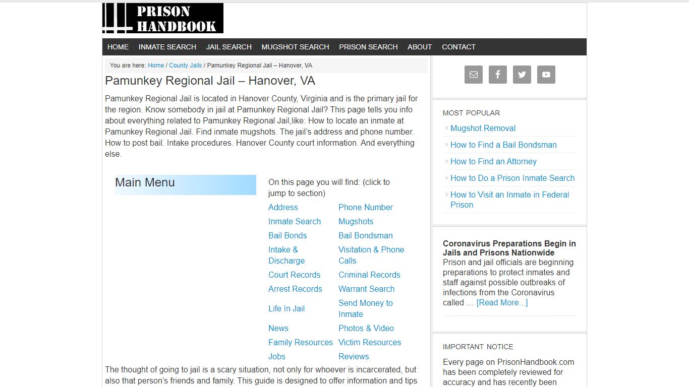 Pamunkey Regional Jail – Hanover, VA - Prison Handbook