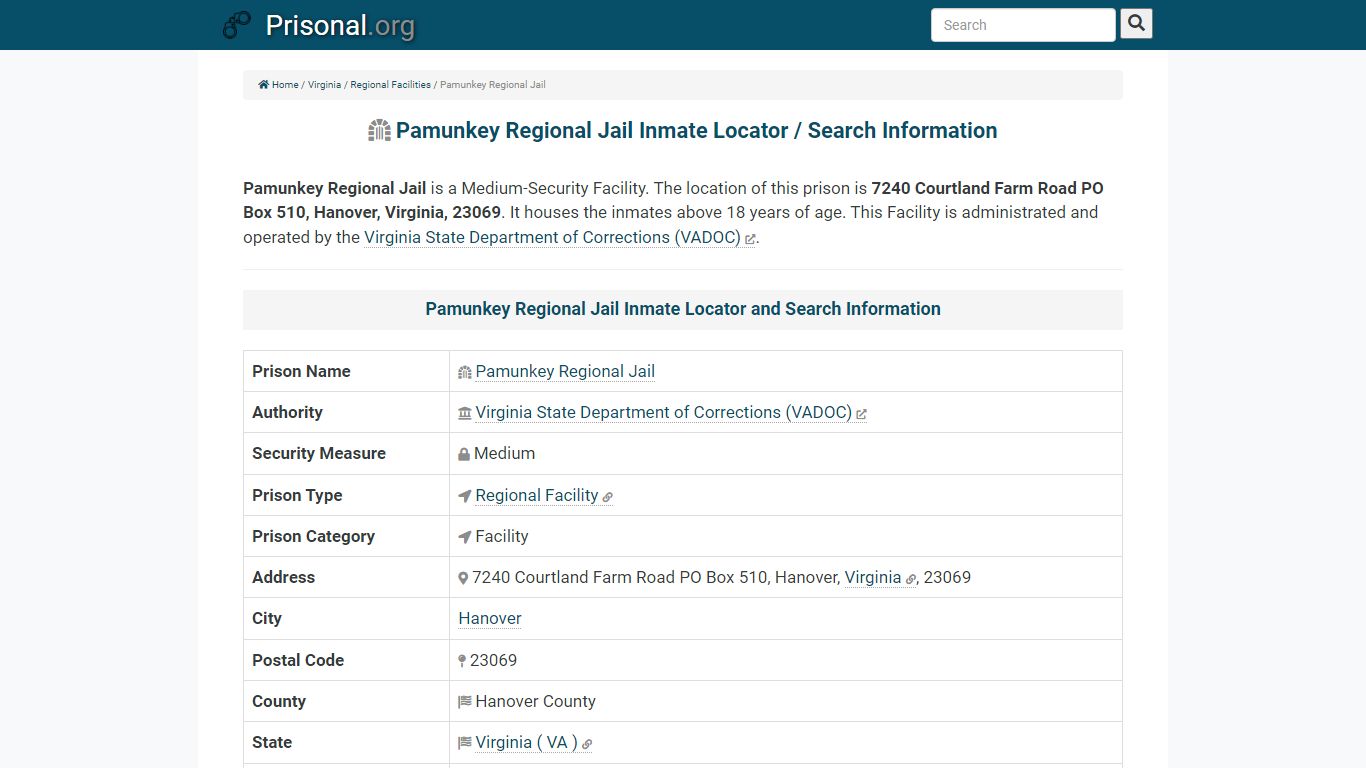 Pamunkey Regional Jail Inmate Locator / Search Information